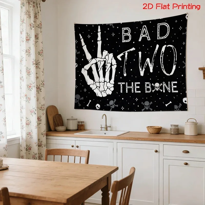 VIKAMA Gothic Skeleton Hand Tapestry Bad To The Bone Skull Peace Sign Black White Star Wall Hanging Dorm Bedroom Home Decor Clot