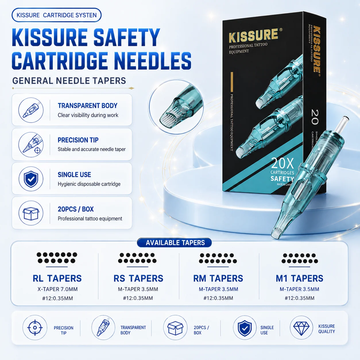 KISSURE Safety Tattoo Cartridge Needles 20PCS Disposable Tattoo Needles Transparent Body RL RS RM M1 Taper for Tattoo Machine