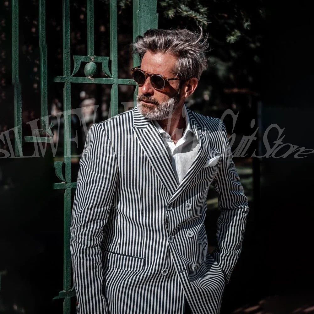 

High-end Men Suits 2 Pieces Double Breasted Stripe Male Suit Slim Fashion Formal Prom Party Wedding Tuxedo (Jacket+Pants)