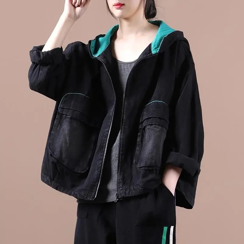 

Корейская женская модная свободная джинсовая куртка с капюшоном, женская короткая джинсовая куртка на молнии, осень-зима, женские ковбойские топы с длинными рукавами, пальто