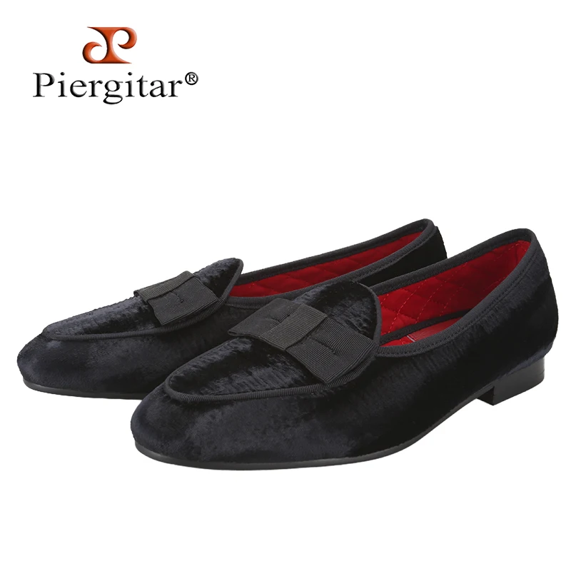 Piergitar Imported From Italy In Black Shiny Wavy Velvet Slip-On Loafers Handmade Bow Men‘s Dancing Shoes For Party And Wedding