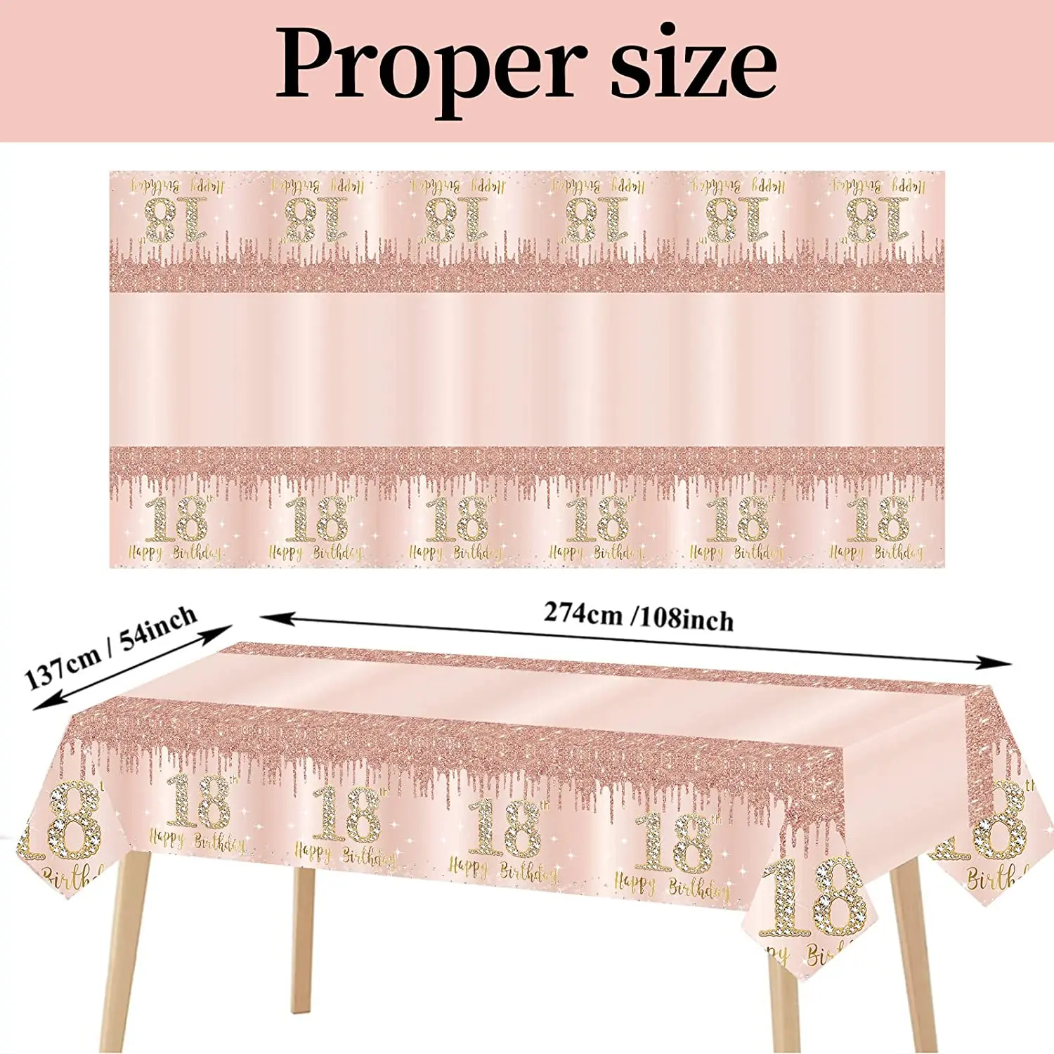 18th Birthday Tablecloth Girls Pink Rose Gold Happy 18 Birthday Theme Table Cover Party Supplies Eighteen Year Old Birthday Deco