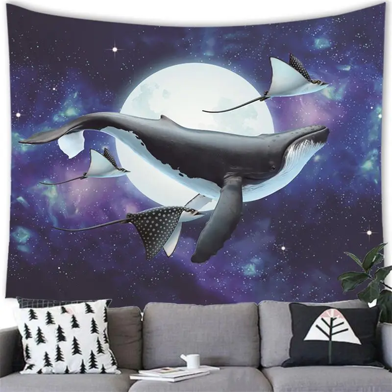 VIKAMA Starry Whale Manta Ray Moon Wall Tapestry Purple Blue Night Sky Humpback Fish Full Lunar Dreamy Ocean Fantasy Decor Soft