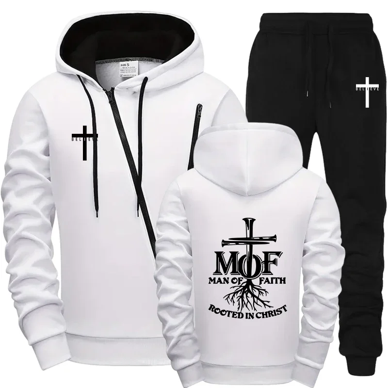 2026 Autumn Winter Mens Tracksuit Diagonal Zipper Design Hoodie with Sweatpants Motorcycle Urban Man of Faith Print Streetwear