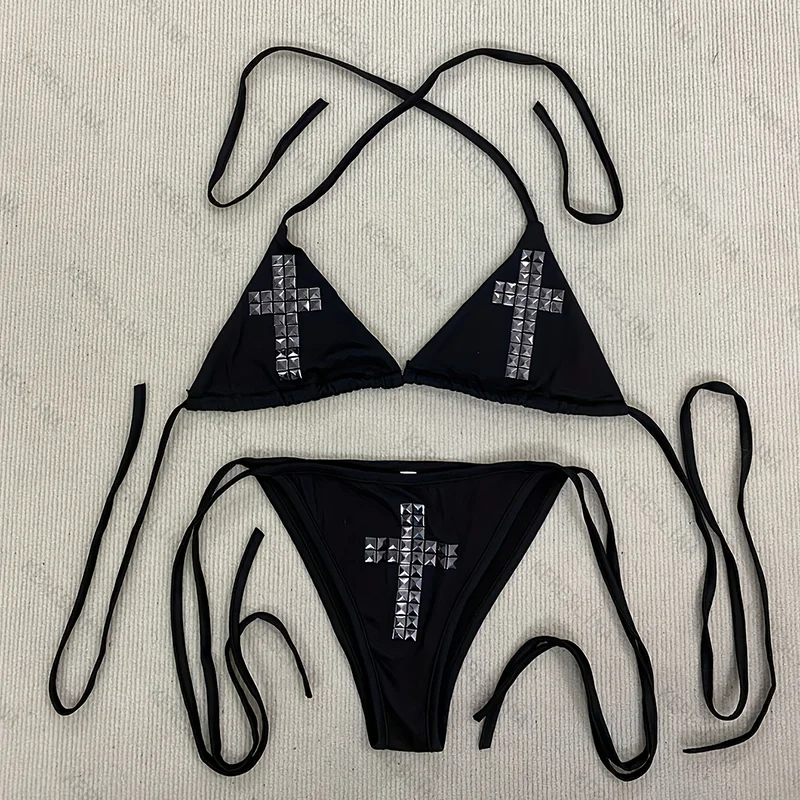 

Y2k HipHop Gothic Harajuku Hanging Neck Strap Bikini Set Summer European and American Sexy Sweet Cute Versatile Strap Bikini Set