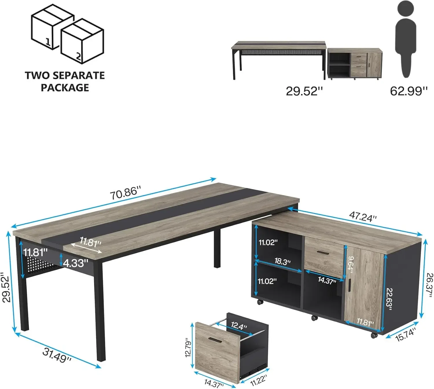 70.8" Large Executive Office Desk and 47" Lateral File Cabinet Combo, L-Shaped Computer Desk Business Furniture with Drawers