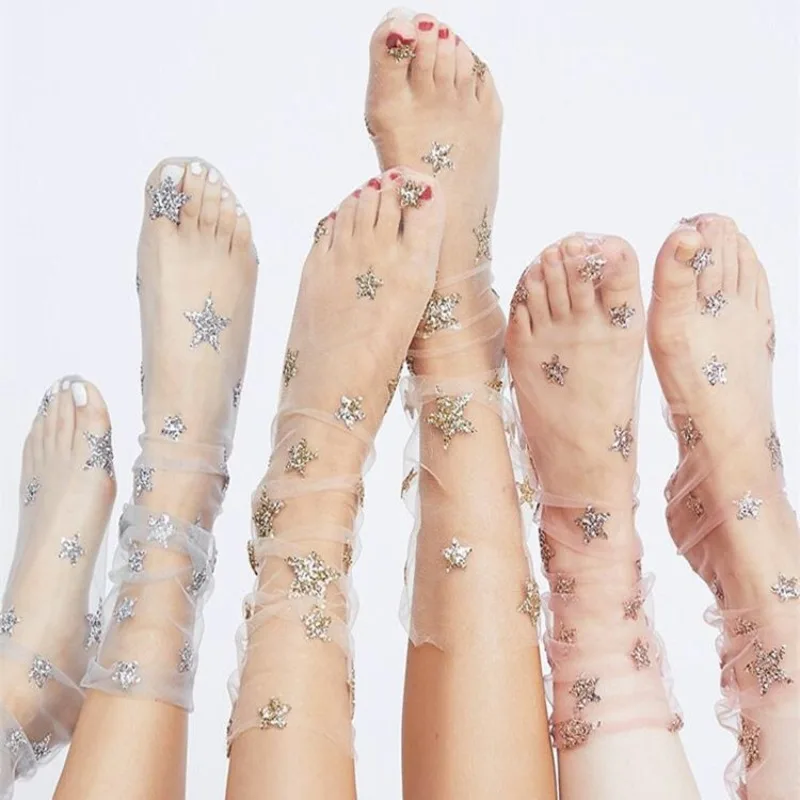 Fashion Shiny Star Mesh Transparent Women's Socks Korean Spring Thin Hollow Out Mid Tube Socks Hipster Harajuku Designer Socks