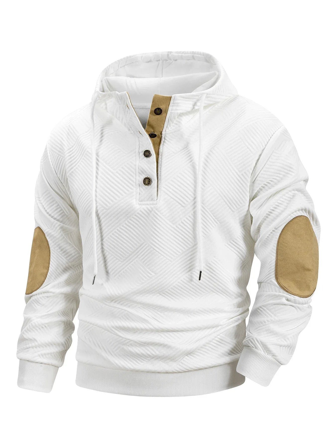 Men Henley Hooded Sweatshirt Metal Buttons Suede Elbow Patches Drawstring Ribbed Cuffs Casual Pullover