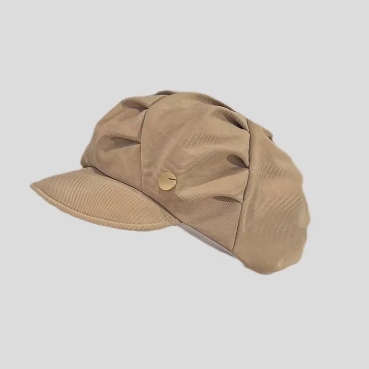 Elegant Vintage Pleated Newsboy Cap For Women Puffy Octagonal Hat With Metal Button For Casual Daily Autumn Winter Wear