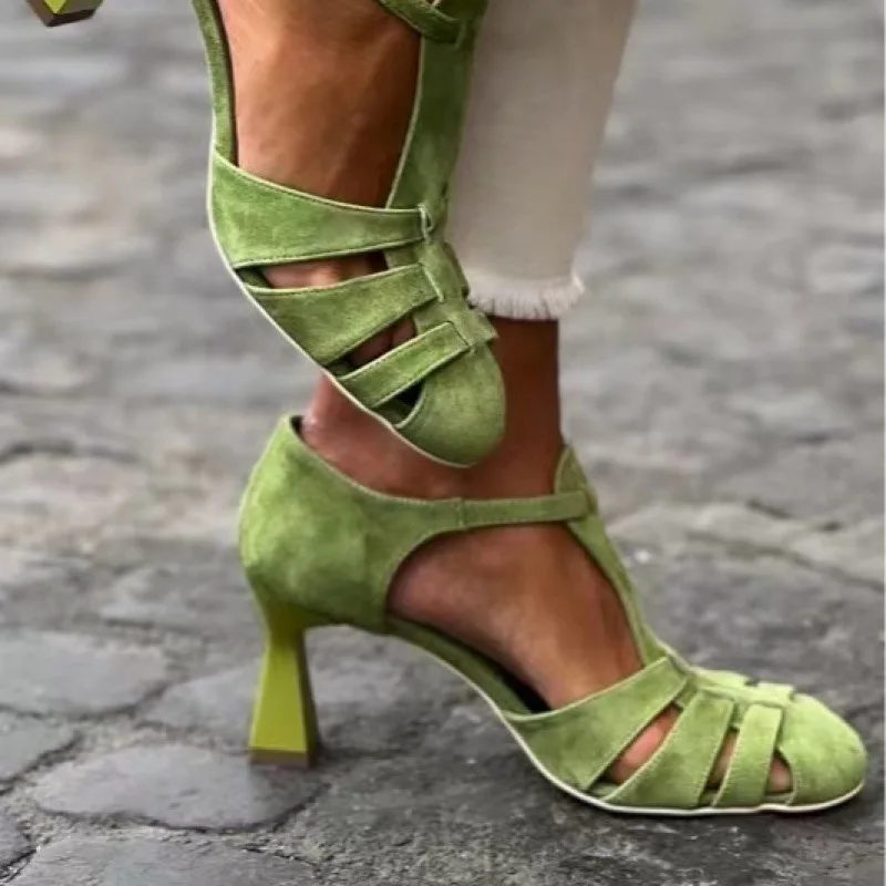 Sandalias de tacón bajo de gamuza verde para mujer con tira en T, punta cerrada, transpirables, para oficina, tallas EU 34-43, elegantes zapatos de vestir con suela de goma.
