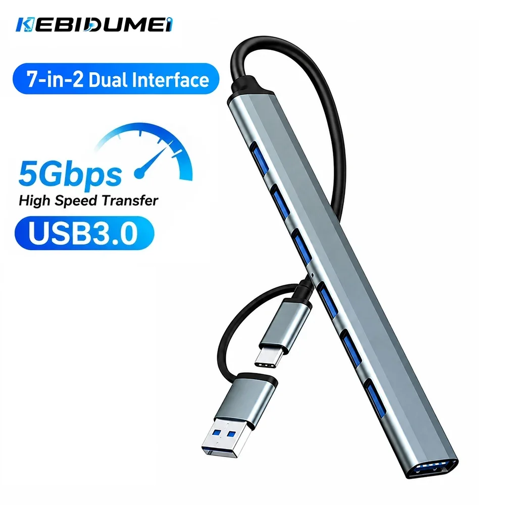 KEBIDUMEI 7 in 2 USB 3.0 Hub 5Gbps High Speed Aluminium Alloy 7 Ports USB Hub USB Splitter Adapter OTG for PC Laptop Macbook Pro