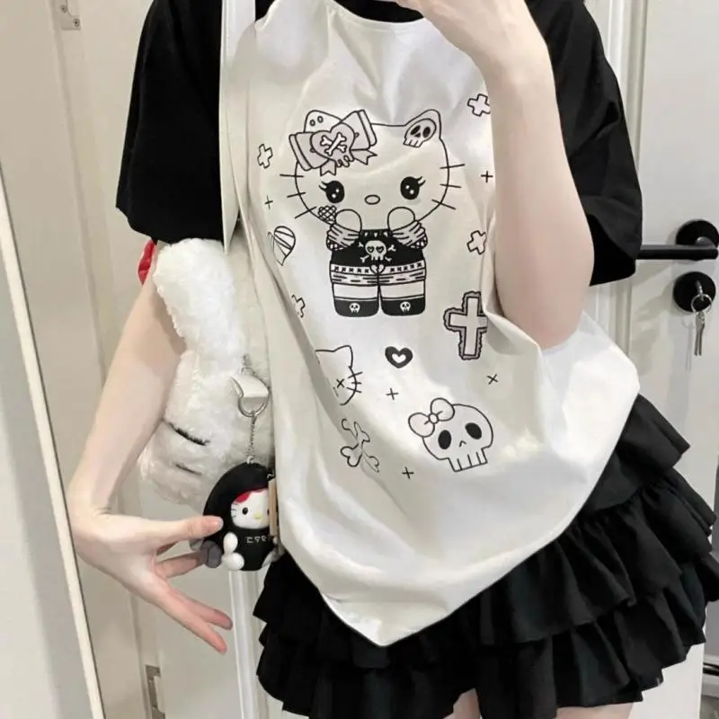 

Sanrio Hello Kitty, летний топ с принтом аниме, японский стиль, Harajuku, лоскутная футболка с рукавами, мягкий свободный топ с милым рисунком для девочек, 2025 г.