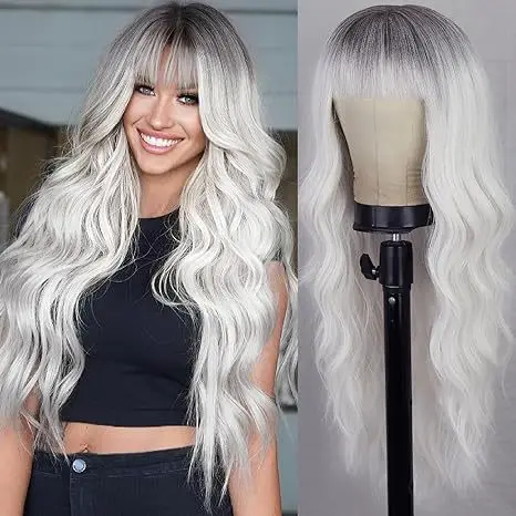 

European and American Women's Synthetic Fashion Wig, Straight Bangs, Long Curly Hair, Big Waves, Gradient White
