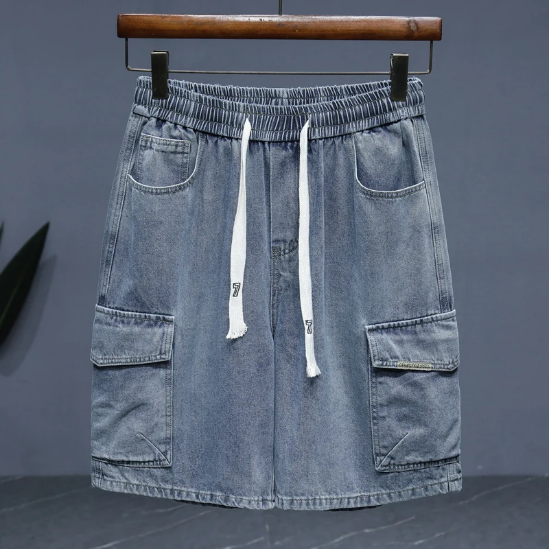

Size M-5XL Summer Denim Shorts Men Cotton Straight Elastic Waist Loose Casual Cargo Shorts Men's Clothing Fashion Short Jeans