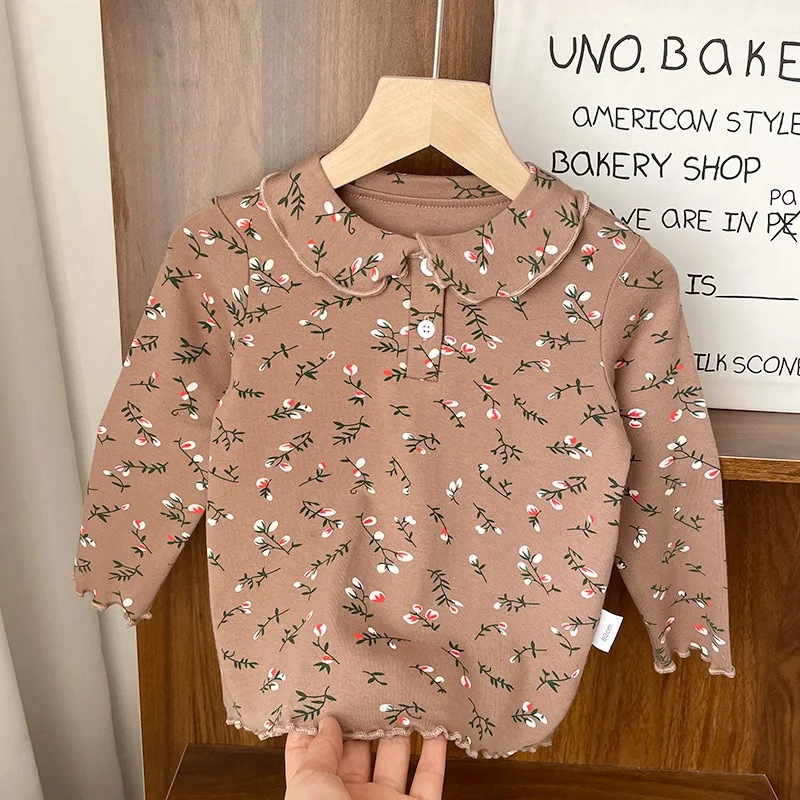 T-shirt Versatile Spring Autumn 2024 Baby Girls Wave Point Flower Lapel Collar Long Sleeved Girl Comfort Tops Simple