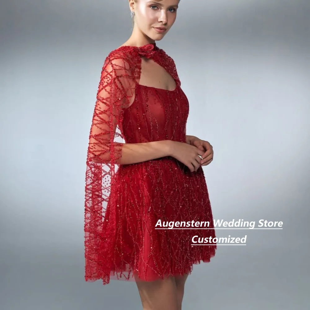 Customized Red Beaded Tulle Mother Of The Bride Gown Short Mini Dress With Long Cape Sleeve Pleated Cocktail Party Dress