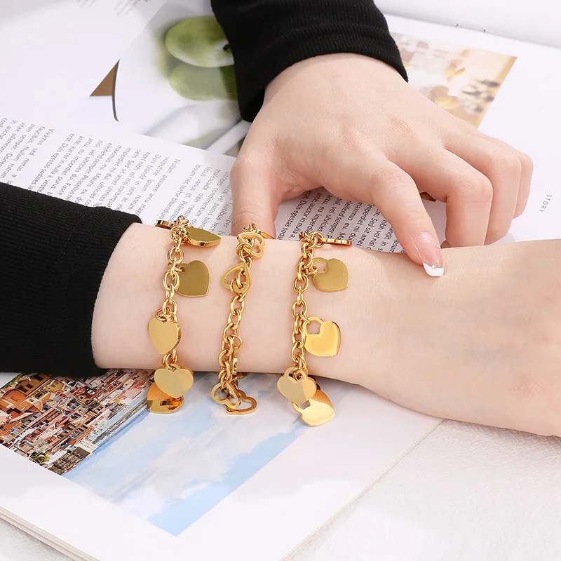 Fashion Heart Dangle O Chain Women's Bracelet Gold Silver Color Stainless Steel Charm Bracelets for Ladies Luxury Jewelry Gift