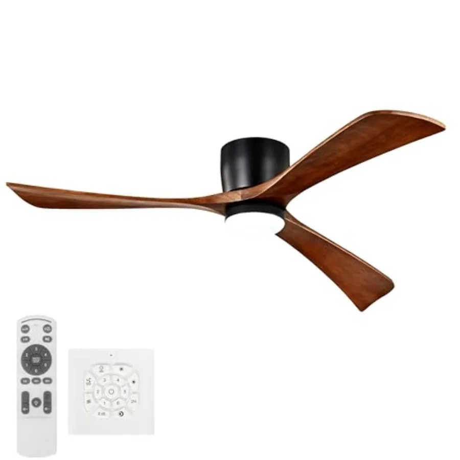

52-дюймовый потолочный вентилятор с деревянными лопастями и LED-подсветкой с регулировкой яркости, реверсивный, для спален, гостиных, патио, черный