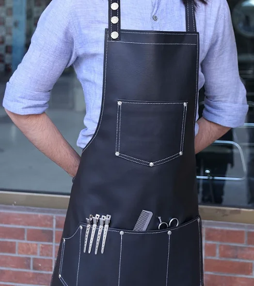 PU Leather Apron Hanging Neck Waterproof Resistant Multi Pocket Workwear Apron Barber Coffee Shop Kitchen Work Clothes Apron