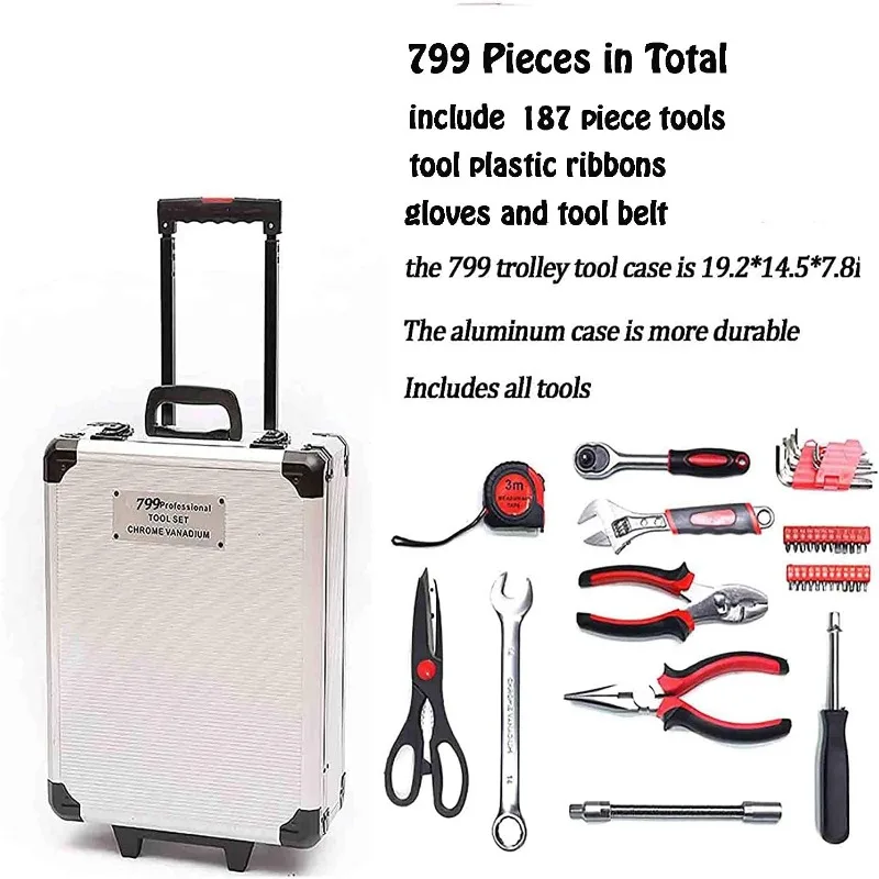 Alumínio Trolley Case Tool Set com cinto, Household Hand Tool Set, House Repair Kit, Prata, 799Pcs