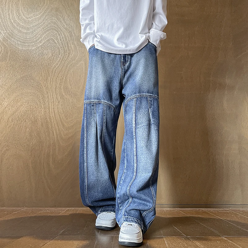 Men's Jeans Man Pants Spring American Retro Patchwork Comfortable Big Size Loose Denim Pants Plus Size Bottoms Stylish Casual