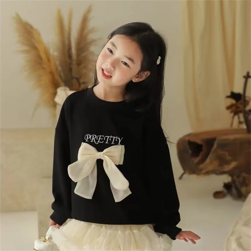 Girl\'s Sweatshirt Children\'s Spring Bow Long-sleeved Pullovers Kids Sweet Casual Hoodless Tops Girls Princess Autumn Clothing