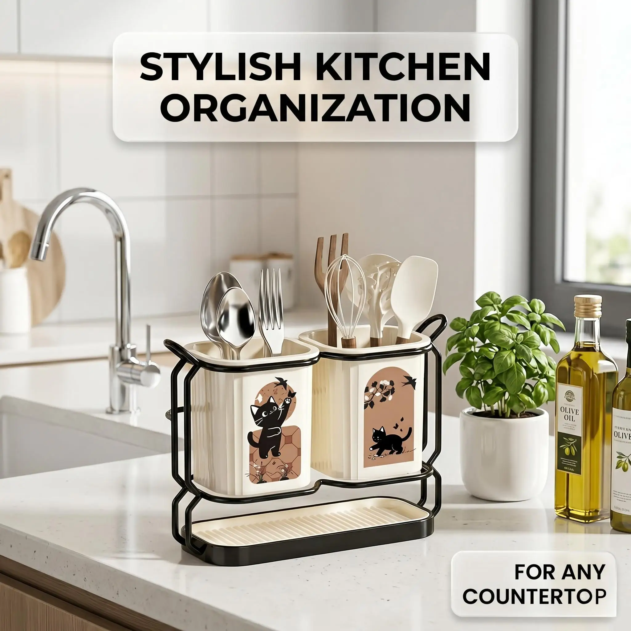 2-In-1 Countertop And Wall Mounted Storage Rack, Detachable Drip Tray, Cute Cat Pattern Design,Ideal for Storing Knives