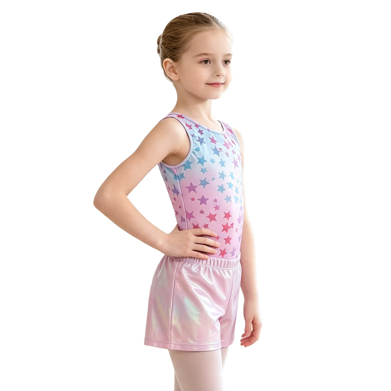 Kids Girls Gymnastics Leotards Unitard Ballerina Ballet Dance Outfit Metallic Printed Leotard with Shorts Figure Skating Costume