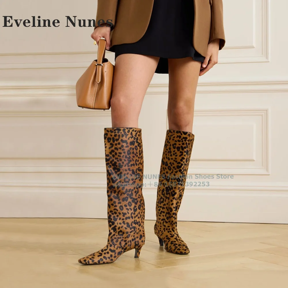 

Leopard Horsehair Sexy Knee-High Boots Square Toe Mid Heels Pull On Large Size Spicy Girl Women Fashion Booties 2024 New Style