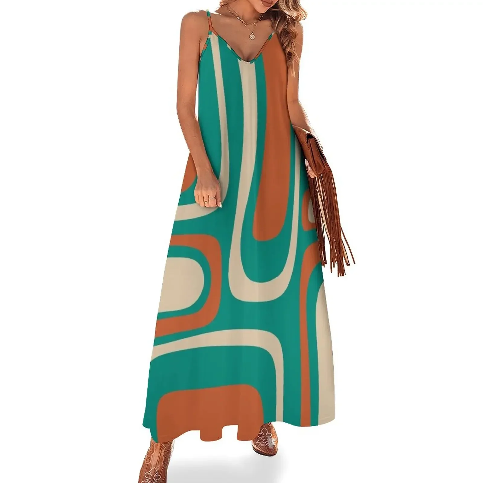 

Palm Springs Retro Midcentury Modern Abstract Pattern in Mid Mod Orange, Turquoise Teal, and Beige Sleeveless Dress