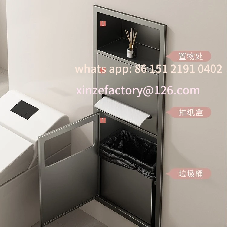 Bote de basura para inodoro de nicho de papel higiénico incorporado personalizable, hermoso almacenamiento decorativo con estante para puerta