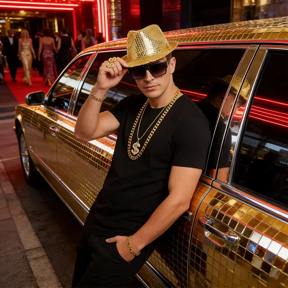 PESENAR jaren 90 retro hiphop kostuum set pailletten hoed dollar sieraden gouden ketting zonnebril partij accessoire