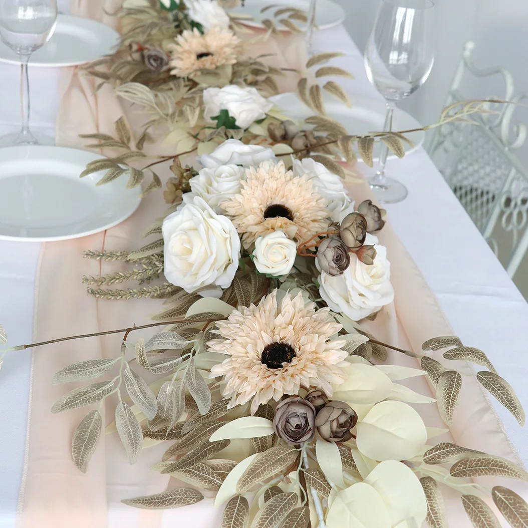 Imagem -04 - Yannew 1.8m Guirlanda de Mesa Artificial Vegetação com Flores País Casamento Floral Guirlanda para Mesa Corredor Peças Centrais Decoração