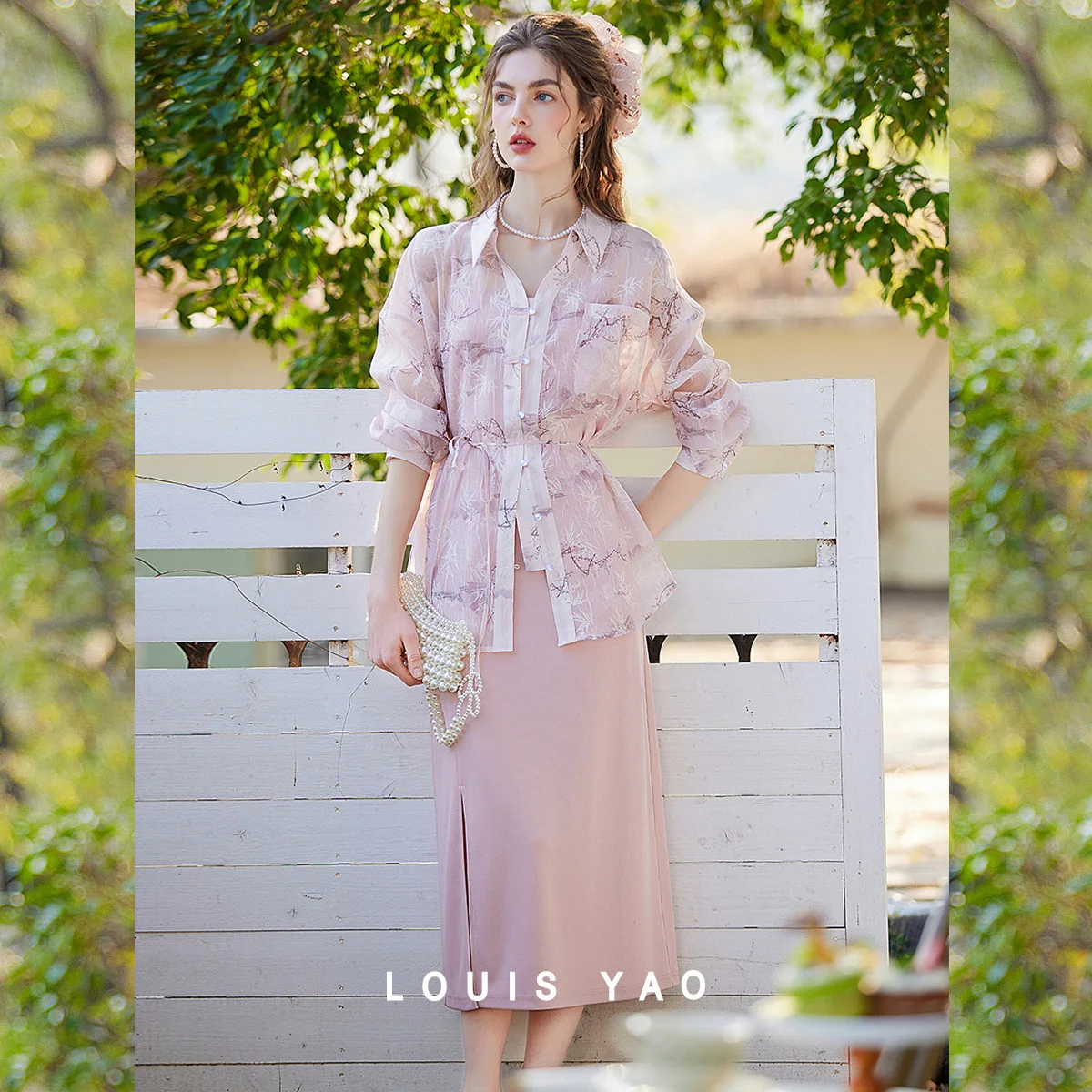 LOUIS YAO Elegant Two-Piece Set 2026 Spring/Autumn Fashion Dress Sets Long Camisole Dress & Lapel Printed Shirt Women's Outfit