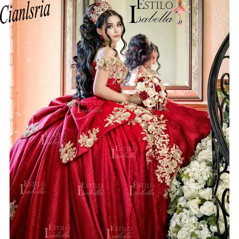 

Красное блестящее бальное платье Quinceanera Платья Золотые аппликации Кружевные бусины Кристалл Тюль Корсет Vestidos 15 De XV Años Sweet 16