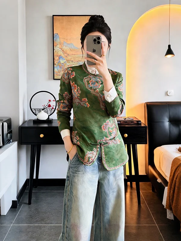 

Chinese Style Large Size Women's Long Sleeve Shirt Vintage Button up Top Spring Autumn Elegance Fashion Trend Floral Pattern ...