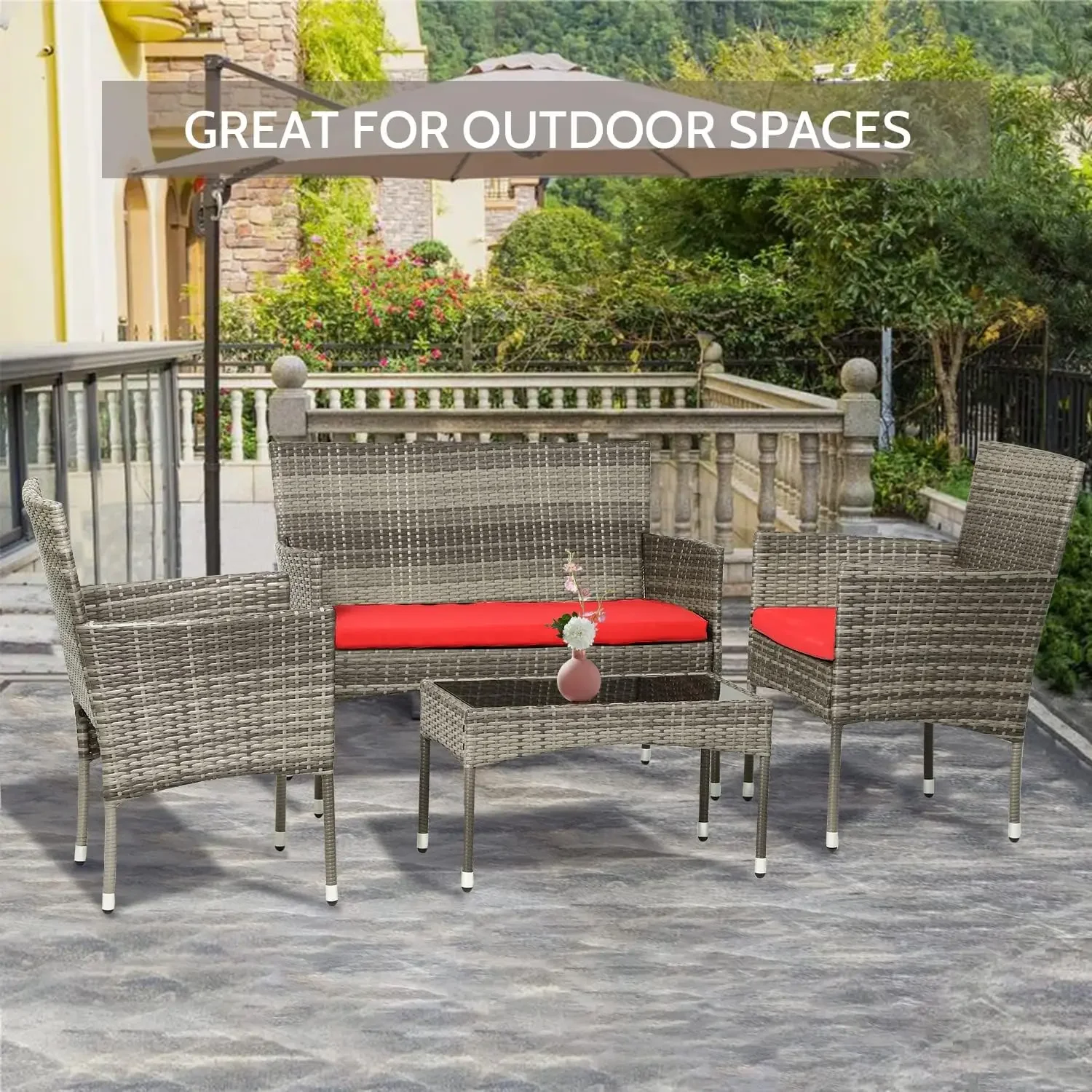 

4 Pieces Outdoor Furniture Set Wicker with Rattan Chair Loveseats Coffee Table for Outdoor Indoor Garden Backyard Porch