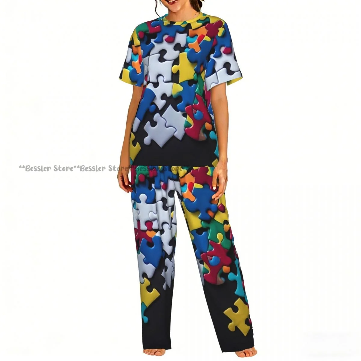 

Colorful Jigsaw Puzzle Pajamas Set Short-sleeved Women Home Clothing