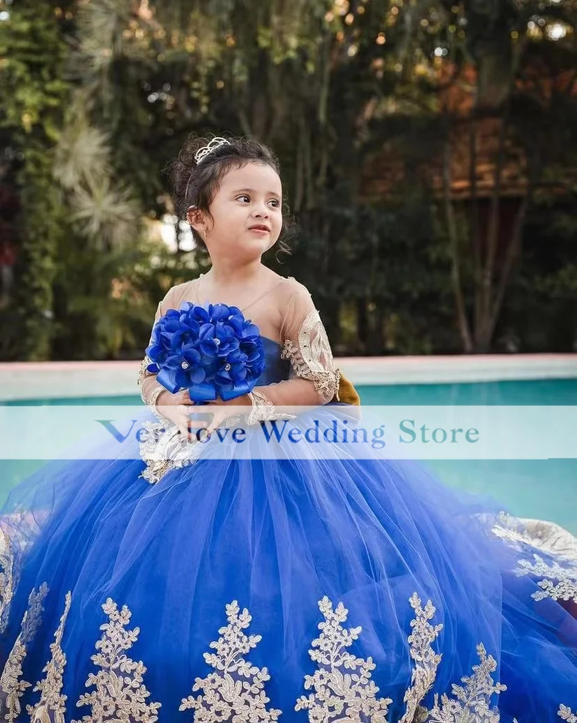 Blue Baby Ball Gown Children Princess Dress Appliques Lace Mini Pageant Birthday Party Dress Girl Flower Gowns