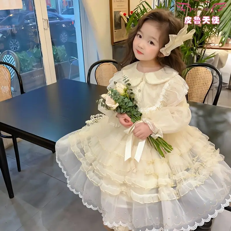 

Children Princess Dress Girls Lace Long Sleeve Tutu Child Girl Fashion Birthday Party Gown Kids Mesh Layered Dress Summer Autumn