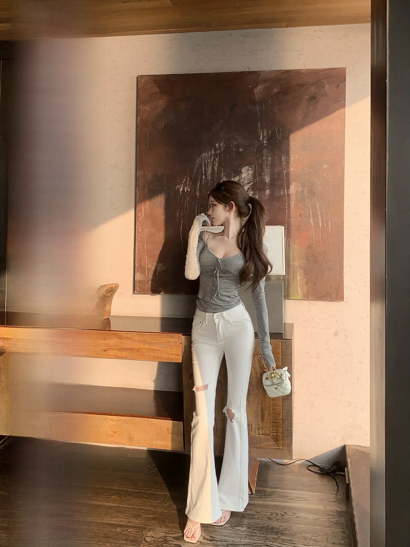 

High Waist Bell Bottom Denim Jeans Women's Spring Summer White Ripped Vintage Torn Hole Flared Pants Cotton Blend Casual