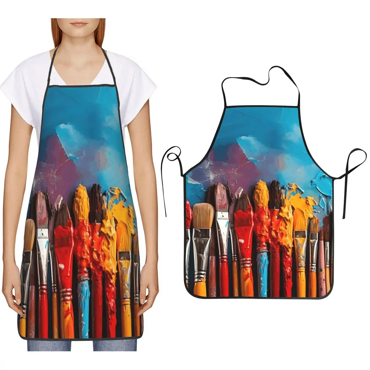 Artistic Colour Paint Brush Brushes Aprons Chef Cooking Baking Tablier Bib Kitchen Cleaning Pinafore for Women Men Gardening
