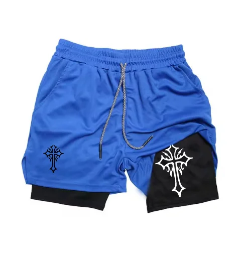 Cross Print 2 in 1 Workout Running Shorts for Men Christian Gym Athletic Shorts with Compression Liner Phone Pocket Towel Loop