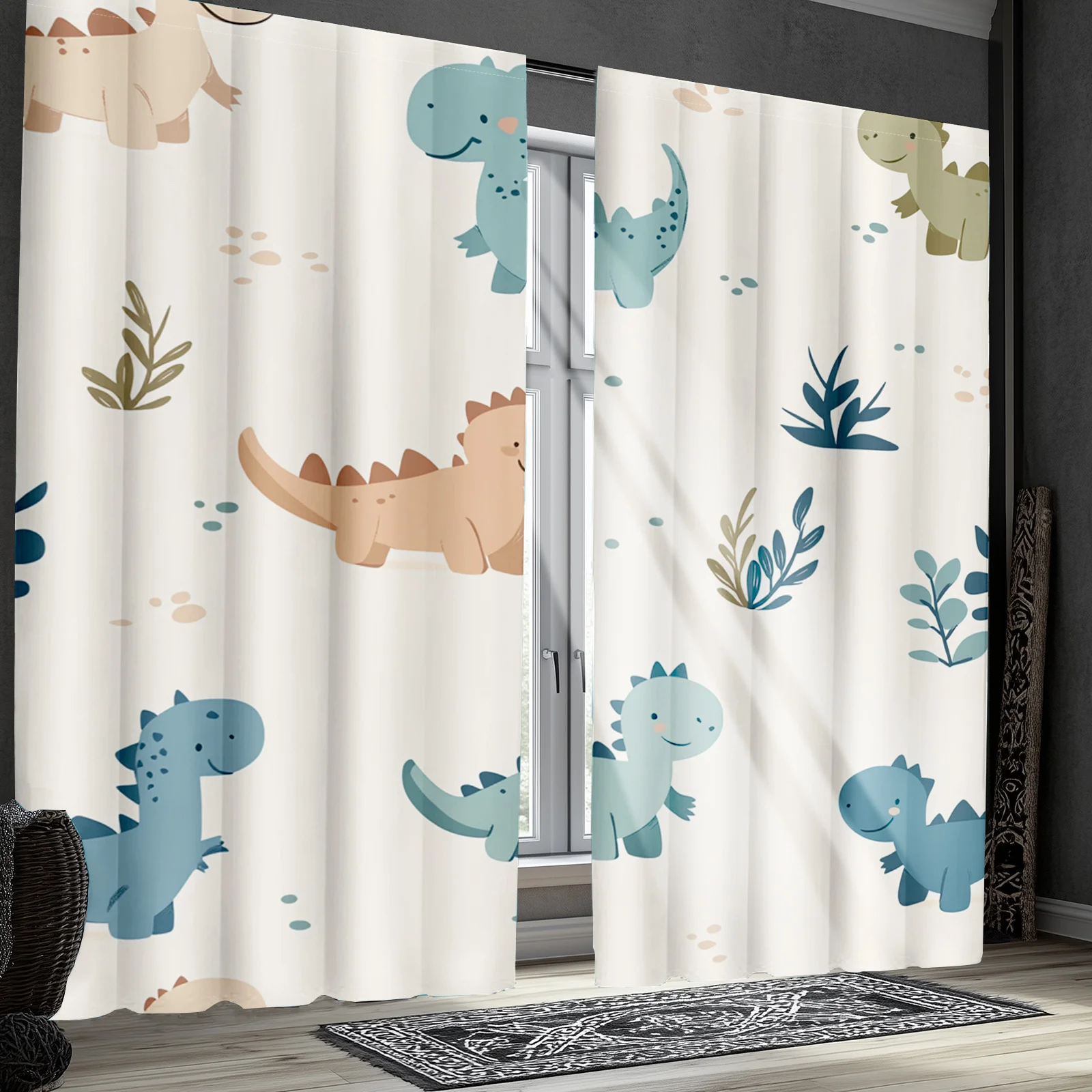 Cute Dinosaur Pattern Curtains Pair 2pcs Kids Nursery Window Curtains for Baby Boy Girl Room Decoration Wall Decor