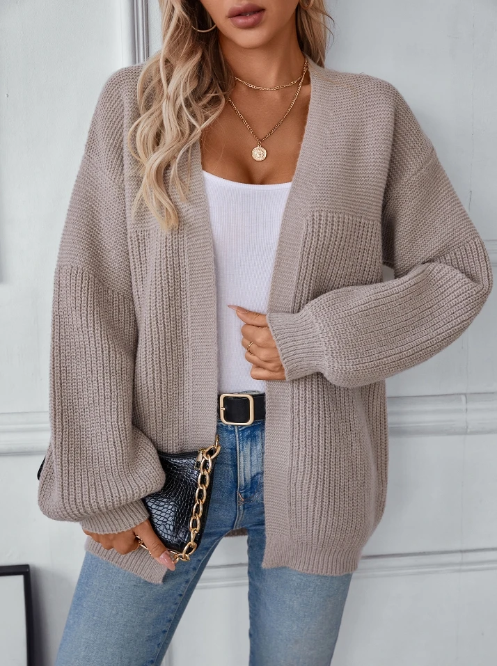 Women's Casual Loose Solid Color Medium Long Knitted Sweater Jacket Autumn New Fashion Female Buttonless Long Sleeves Cardigan