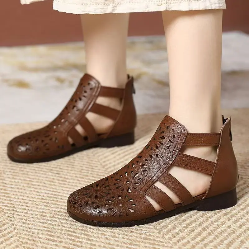 

Женские сандалии из натуральной кожи с высоким берцем большого размера, новые летние сандалии высокого качества Baotou с открытой плоской подошвой, крутые ботинки до щиколотки