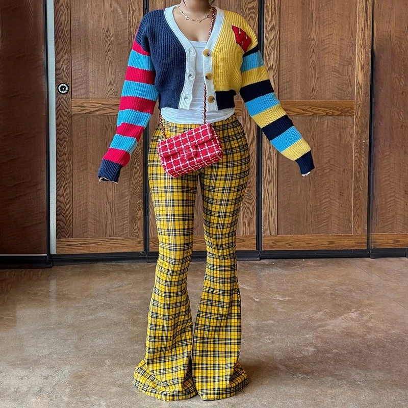 Y2k Women's Plaid Printed Tight Fitting Wide Leg High Waist Long Trousers Versatile Flared Pants 2025 Fashion Retro
