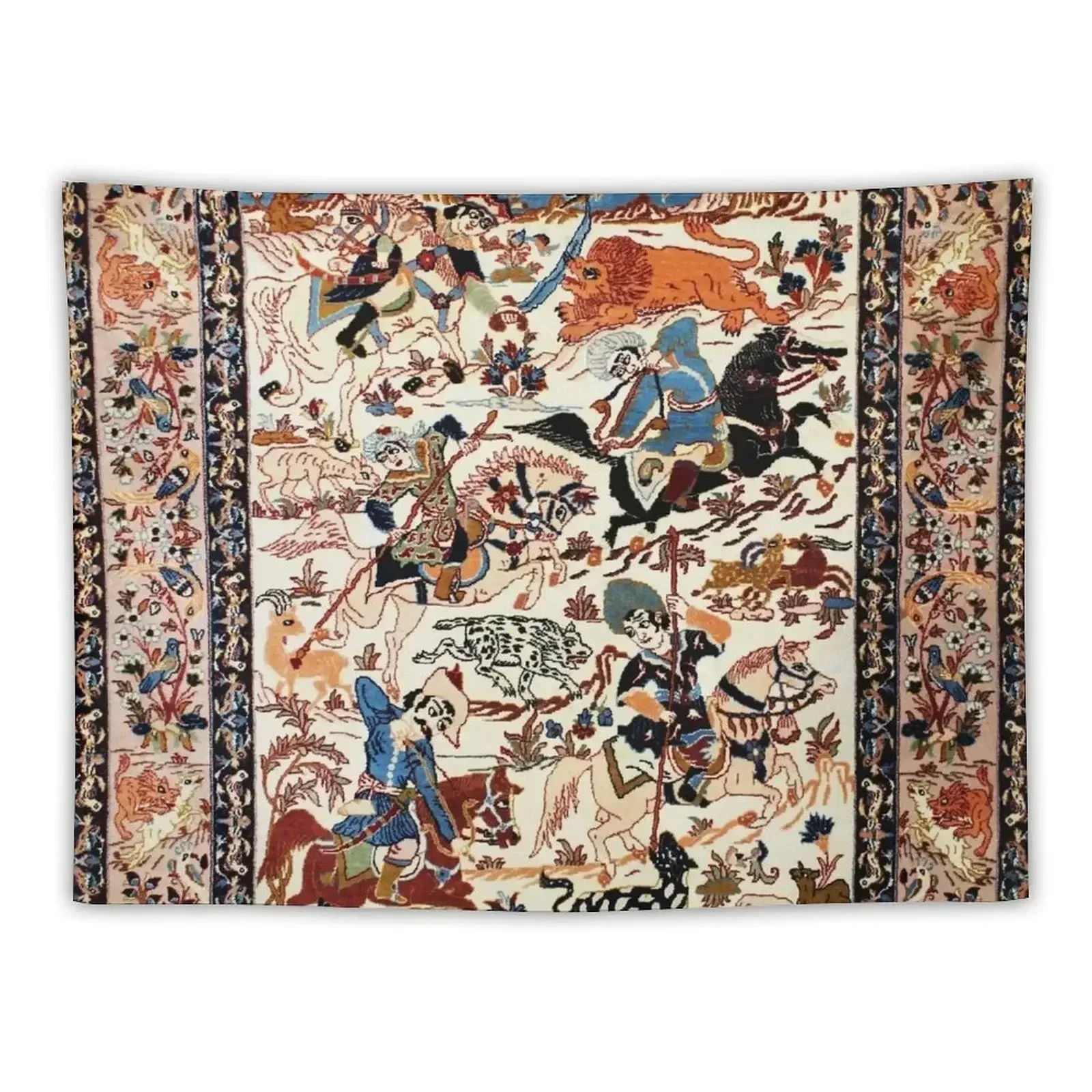 

Blue Antique Persian Isfahan Silk Rug with Flowers Animals Print Tapestry Aesthetics For Room Tapestry