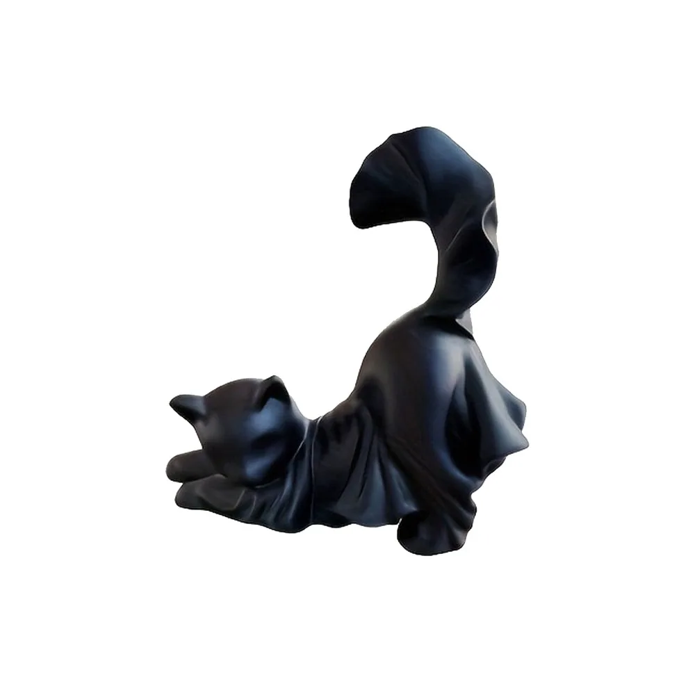 

Cute Halloween Black Cat Statue Glow in The Dark Handmade Cat Resin Sculpture Unique White Halloween Cloak Ghost