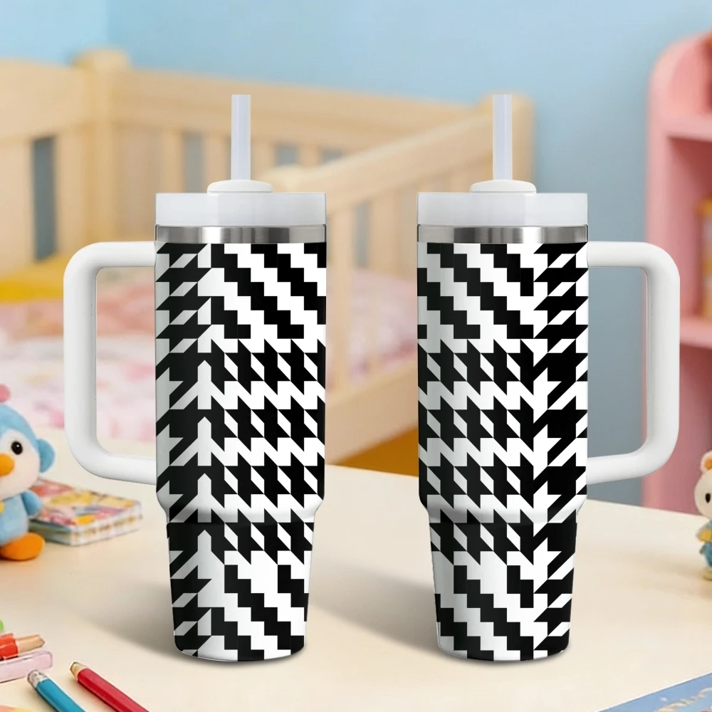 Houndstooth Check Pattern Vacuum Flasks 40oz Stainless Steel Insulated Tumbler with Handle & Straw Leakproof Travel Mug